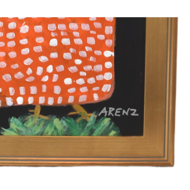 American Original Orange Folk Art Chicken Hen Painting by Ruth Arenz Including the Antiqued Gold Wood Fame For Sale - Image 3 of 6