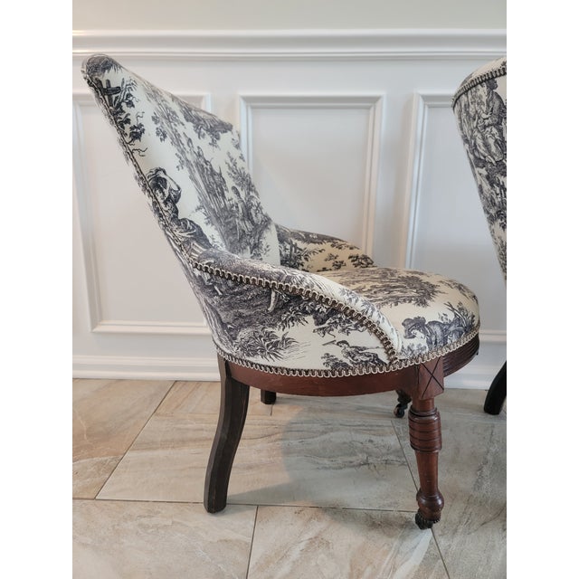 Antique Victorian Toile Upholstered Parlor Slipper Chairs on Casters – A Pair For Sale - Image 10 of 17