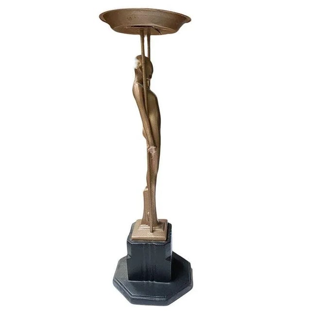 1970s Frankart Style Copper-Tone Nude “Sarcophagus Girl“ Cocktail Smoker Ashtray Stand For Sale - Image 5 of 12