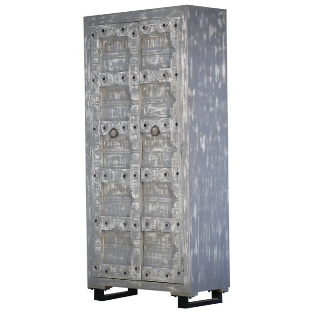 Wood Eclectic Carved Frame Solid Wood Armoire With 2 Doors | Boho Chic Closet | Unique Display Cabinet | Farmhouse Style Tall Armoire For Sale - Image 7 of 7