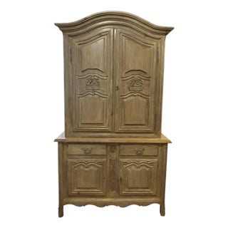 French Provincial Bleached Oak Buffet À Deux Corps Cabinet With Carved Fruit Basket Doors For Sale