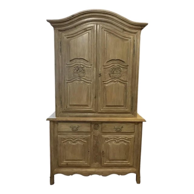 French Provincial Bleached Oak Buffet À Deux Corps Cabinet With Carved Fruit Basket Doors For Sale