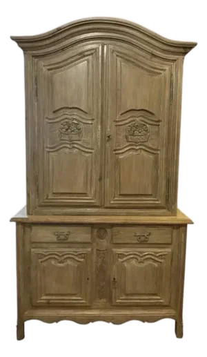French Provincial Bleached Oak Buffet À Deux Corps Cabinet With Carved Fruit Basket Doors