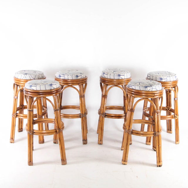 Wood Rattan Stools with Seat Cushions, 1970s, Set of 6 For Sale - Image 7 of 11