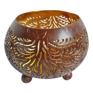 Coconut Carved Candle Bowl For Sale