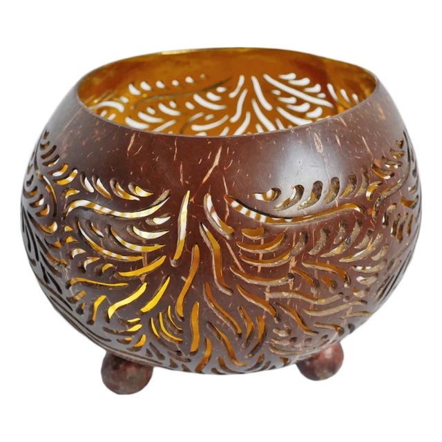 Coconut Carved Candle Bowl For Sale