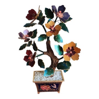 Vintage Chinese Cloisonné Guilloche Enamel Bonsai Tree in Decorative Brass Pot For Sale