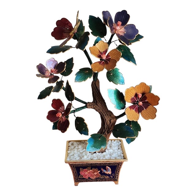 Vintage Chinese Cloisonné Guilloche Enamel Bonsai Tree in Decorative Brass Pot For Sale