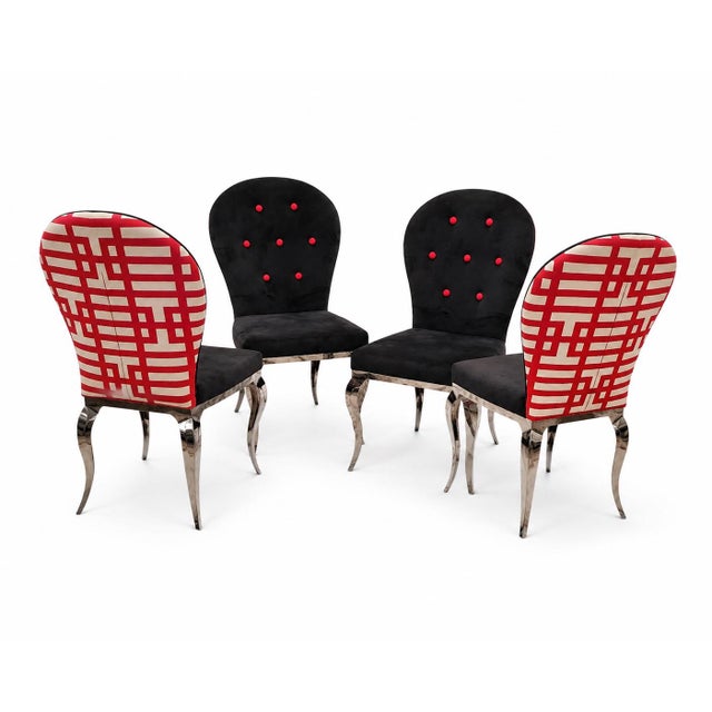 Textile Set of Four Hollywood Regency Slipper Chairs With Jonathan Adler Fabric & Chrome Legs For Sale - Image 7 of 7
