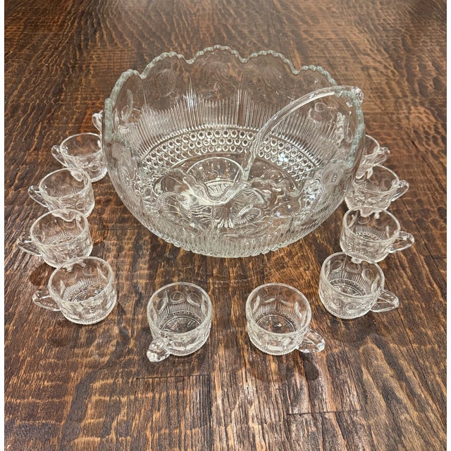 American Vintage Tiffin-Franciscan Bullseye Pressed Glass Punch Bowl Set With 12 Cups & Original Ladle For Sale - Image 3 of 15