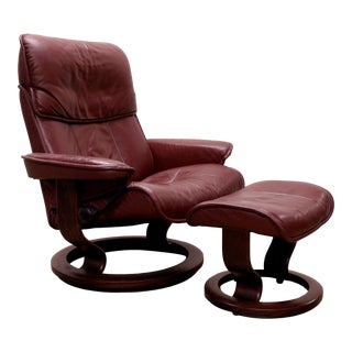 1980s Vintage Ekornes Stressless Wood Base Maroon Leather Recliner and Ottoman For Sale