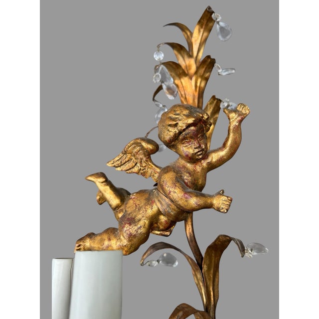 Pair of 29” Vintage Italian 3 Light Candelabra Wall Sconces W Prisms & Figural Cherubs For Sale - Image 4 of 9