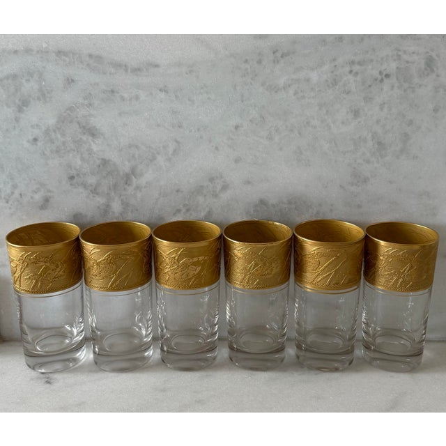 Mid-Century Modern Vintage Cambridge Tumblers With Etch Gold Bird Design - Set of 6 For Sale - Image 3 of 11