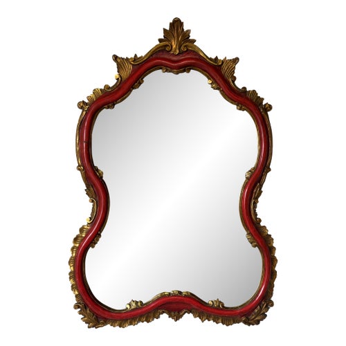 1960’s Italian Hollywood Regency Carved Wood Wall Mirror – Red & Gold Gilt Frame