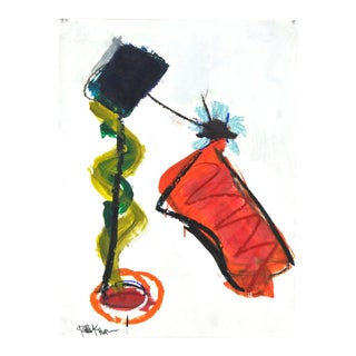 "Blue Loops Orange Burst" Contemporary Abstract Acrylic and Watercolor Painting by Robbie Kemper For Sale