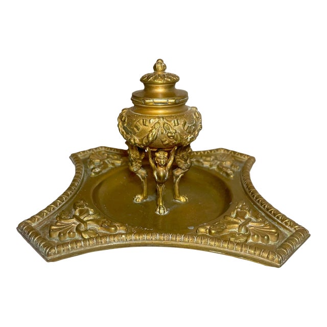 Antique Ornate 1800's Victorian Gilt Bronze Griffin Brass Desk Inkwell Stand Jar For Sale