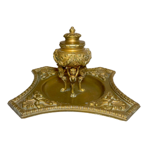 Antique Ornate 1800's Victorian Gilt Bronze Griffin Brass Desk Inkwell Stand Jar