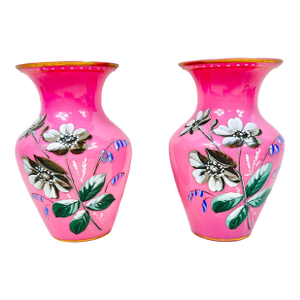 Antique Hand Painted Pink Bristol Glass Vases-a Pair