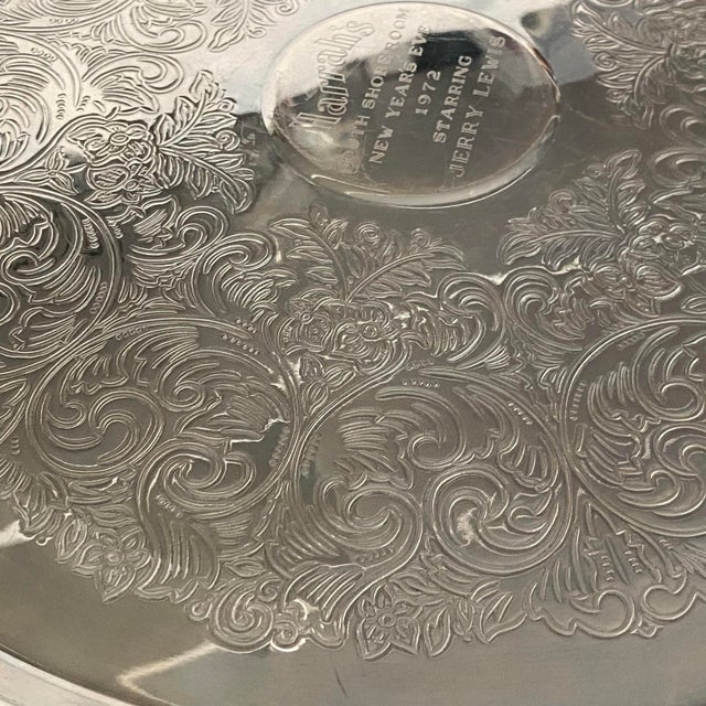 Metal Jerry Lewis Round Pedestal Silver Plated Oneida Harrah’s New Year’s Eve Platter 1972 For Sale - Image 7 of 11