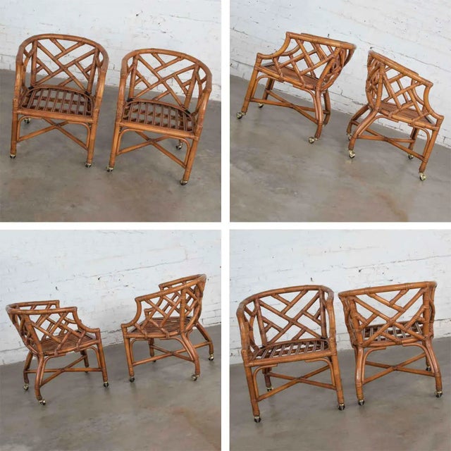 Vintage Chinese Chippendale Rattan Rolling Accent Chairs by Henry Link for Wicker - A Pair For Sale - Image 12 of 13