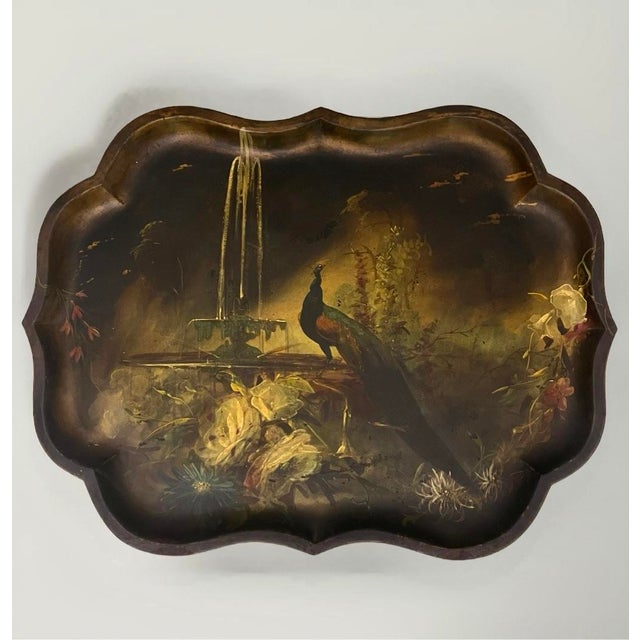 Victorian era hand painted tole tray with a peacock and flowers in chinoiserie style, England, mid 19th century. A...
