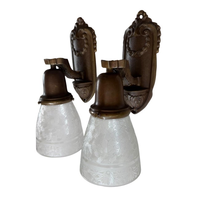 1920’s Wall Sconces With Laurel Leaves and Etched Glass Shades For Sale