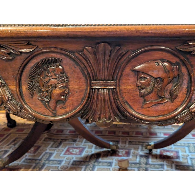 Antique Louis XV Style Inlaid Walnut/Kingwood/Mahagony and Maple Parquetry Featuring Ornate Carvings, Cabriole Legs and Center Figural Carvings For Sale - Image 4 of 9