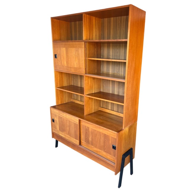 Brown Restored 1960s Danish Modern Teak Bookcase – Sliding Doors & Open Display Shelves For Sale - Image 8 of 16