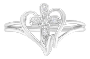 10K White Gold Diamond-Accented Cross & Open Heart Promise Fashion Ring (H-I Color, I1-I2 Clarity) - Size 6