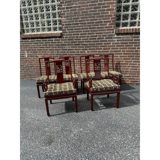 1990s Carved Rosewood Asian Dining Table Chairs, With Cushions - Set of 6 For Sale In Saint Louis - Image 6 of 7