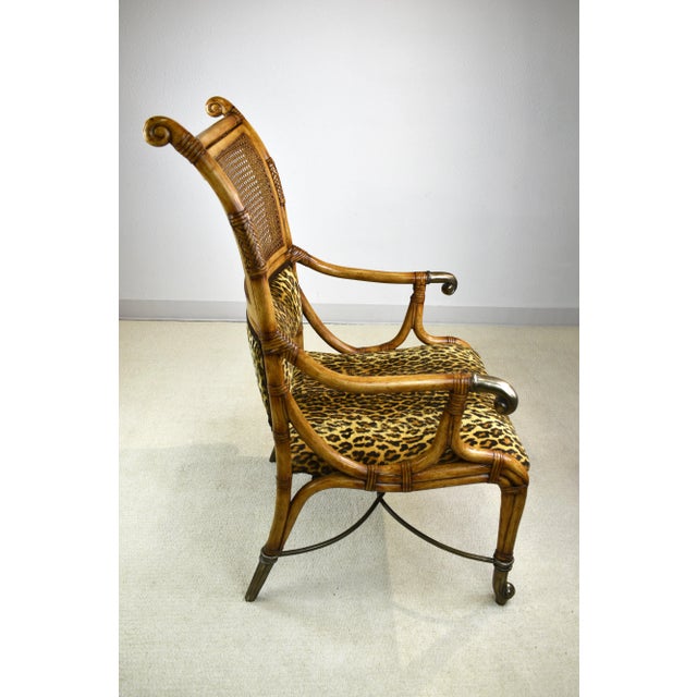 Hollywood Regency 1990s Vintage Arago Hollywood Regency Style High Back Cane Bentwood Rattan Bindings Wrought Iron Support Touchstone Leopard Print Upholstery For Sale - Image 3 of 11