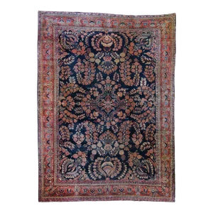 1920s Antique Art Deco Navy Botanical Hand-Knotted Wool Pile Rug - 10'4" X 14'