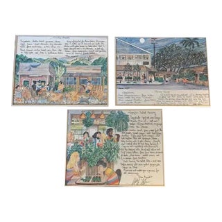 Set/3 Framed Watercolor Paintings From Longhis Restaurant/Maui For Sale