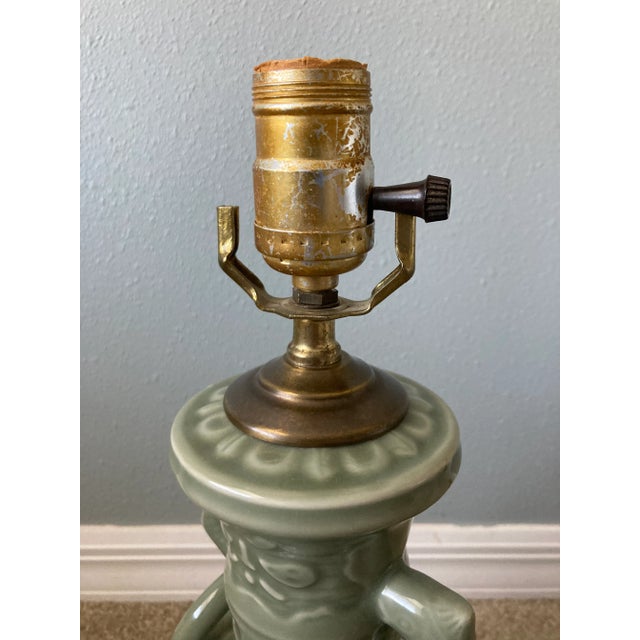 Metal Mid 20th Century Deep Green Celadon and Brass Chinese Table Lamp For Sale - Image 7 of 10