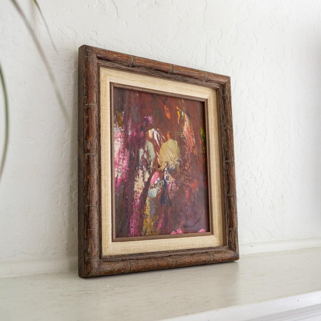 Signed Purple Pink Mauve Abstract Polychrome Painting in Faux Bamboo Frame For Sale - Image 4 of 10