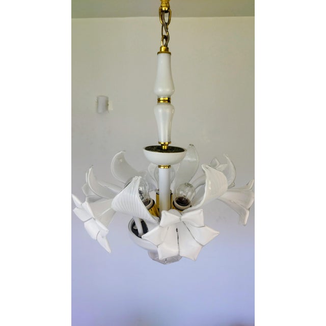 Vintage Italian White Murano Styled Calla Lilly Chandelier Brass Lighting 1970s For Sale - Image 13 of 17
