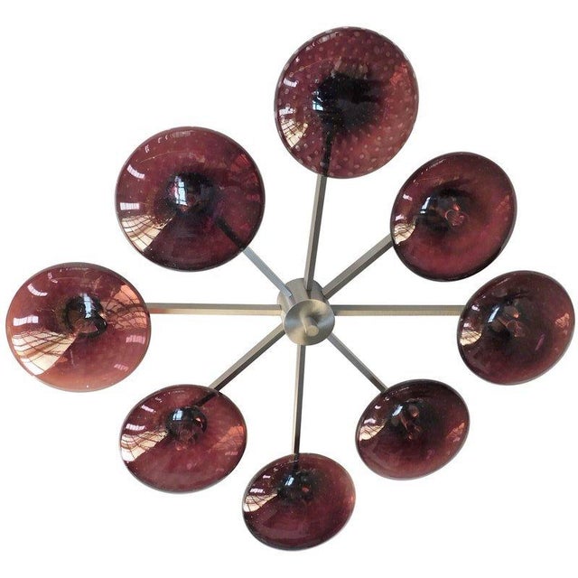 Italian flush mount with eight amethyst Murano glass shades carefully hand blown with bubbles inside the glass using...