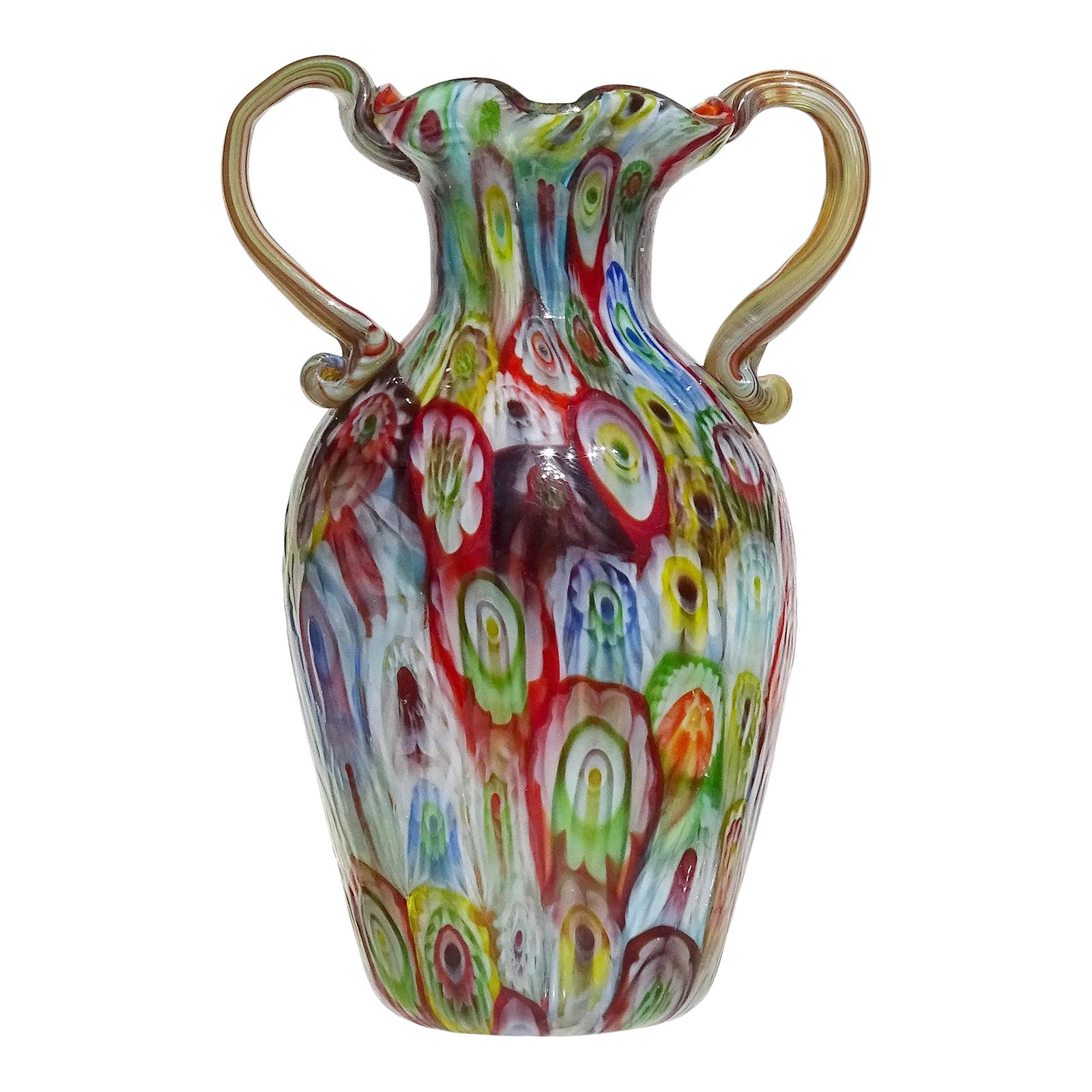 Murano Vintage Rainbow Millefiori Flower Mosaic Italian Double Handle
