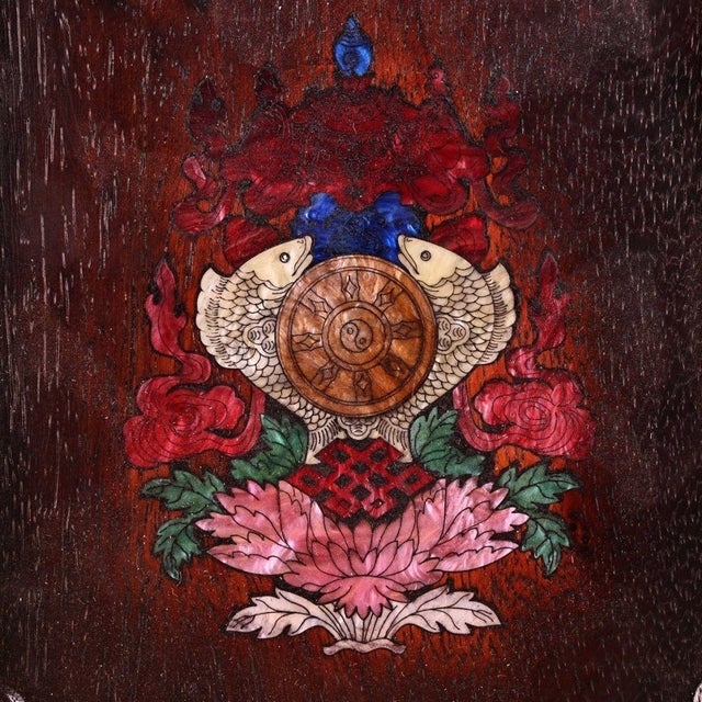 Late 20th Century Late 20th Century Wooden Plaque With Mother-of-Pearl Auspicious Symbols Inlay For Sale - Image 5 of 9