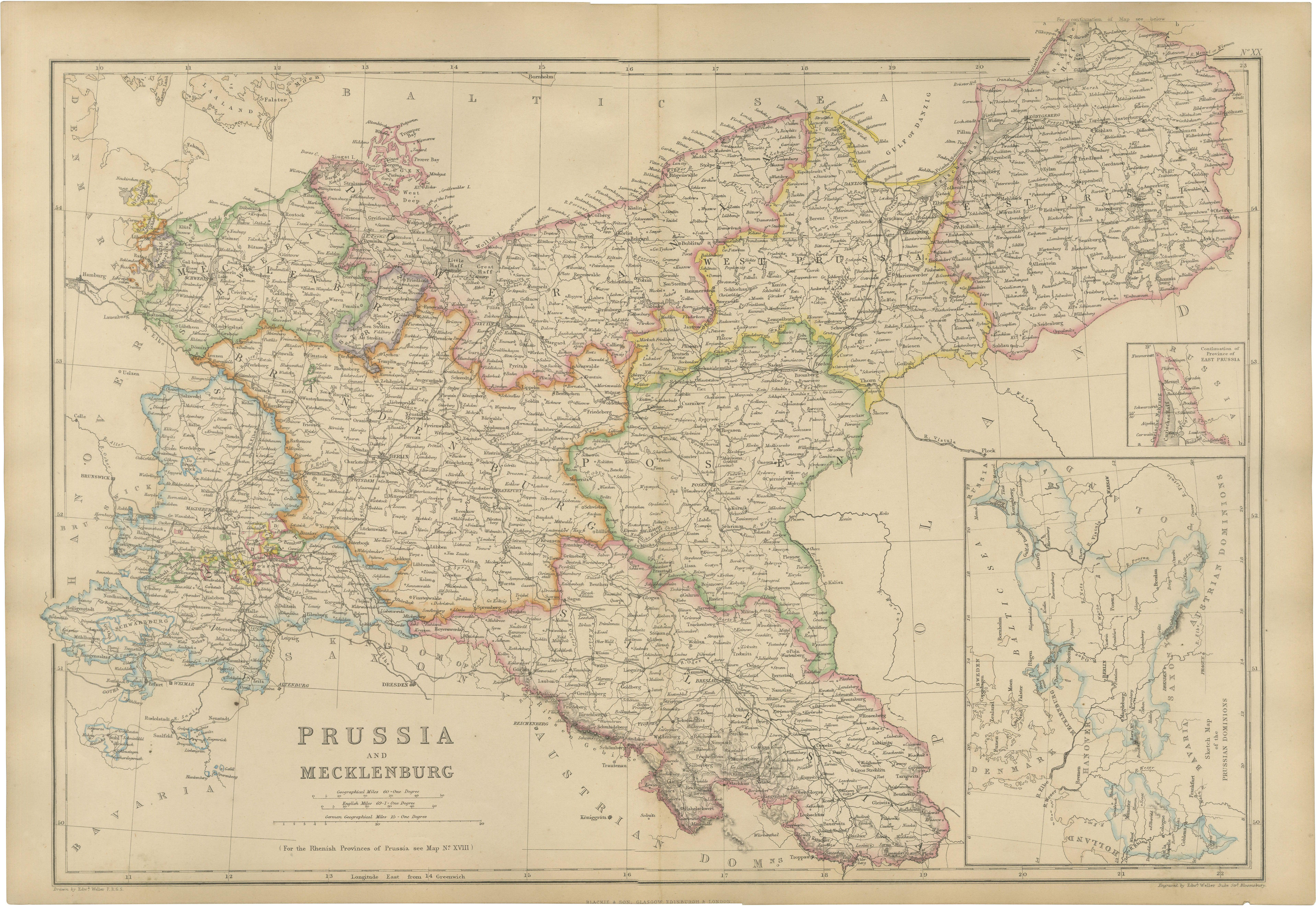 Antique Map of Prussia and Mecklenburg, Germany, 1860s For Sale