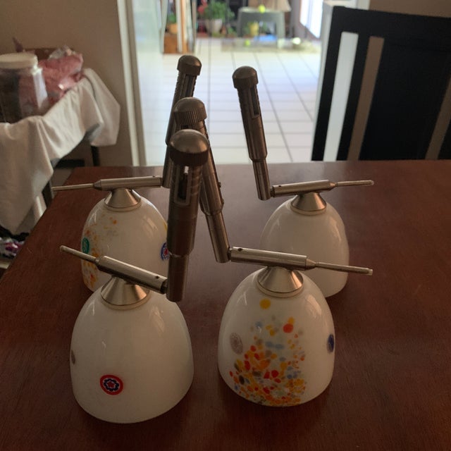 Up for sale is a stunning, highly unique set of four (4) postmodern art glass fixtures blending industrial mechanics with...