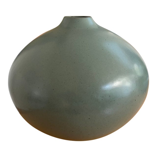 Large Vintage 14" Round Matte Sage Green Ceramic Pottery Vase For Sale