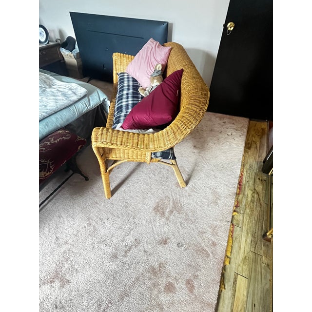 Coastal Vintage Honey Wicker Barrel Back Loveseat Bench, Circa 1980s–90s For Sale - Image 3 of 12