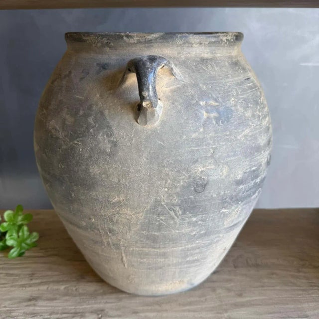 Ceramic Vintage Style Matte Gray Oil Pottery With 2 Handles For Sale - Image 7 of 9
