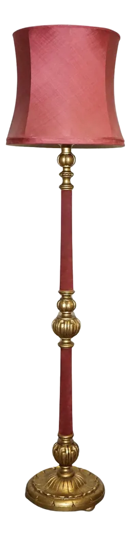 Italian Red Fabric and Gilt Floor Standing Lamp with Original Shade, 1940s