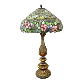 Mid 20th Century Styled after Tiffany Leaded Stained Glass Rainforest Table Lamp For Sale
