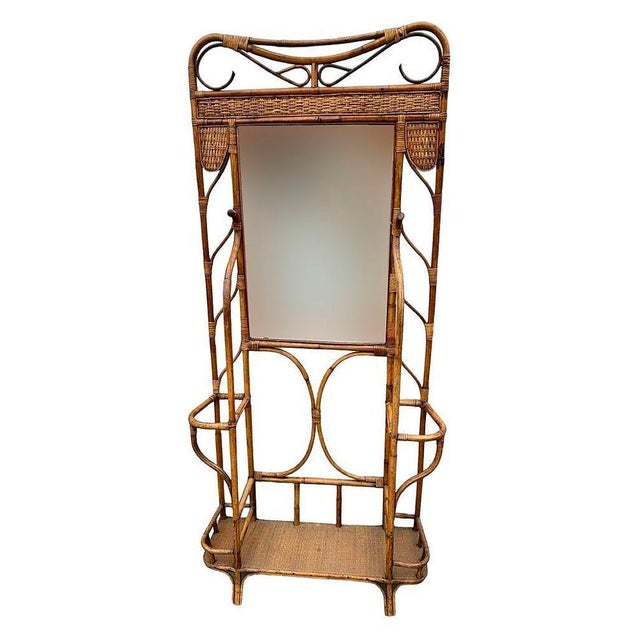 Early 20th Century Restored Early 20th Century Aesthetic Movement Bamboo& Grassmat Hall Tree W Mirror & Umbrella Stand For Sale - Image 5 of 8