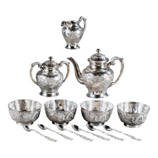 Early 20th Century Rare Chinese Export Sterling Silver Tea Set with Dragon Design Tianjing Wuhua - 13 pcs For Sale