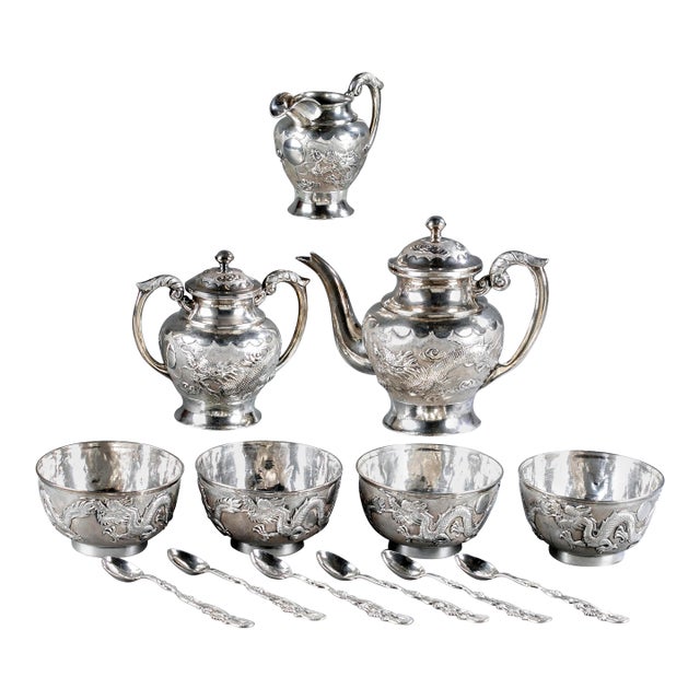Early 20th Century Rare Chinese Export Sterling Silver Tea Set with Dragon Design Tianjing Wuhua - 13 pcs For Sale