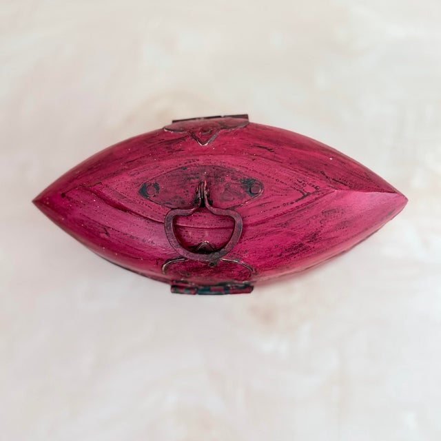 Vintage Chinese-Style Hand-Painted Red Lacquer Box With Iron Hardware and Swing Handle For Sale In Chicago - Image 6 of 6